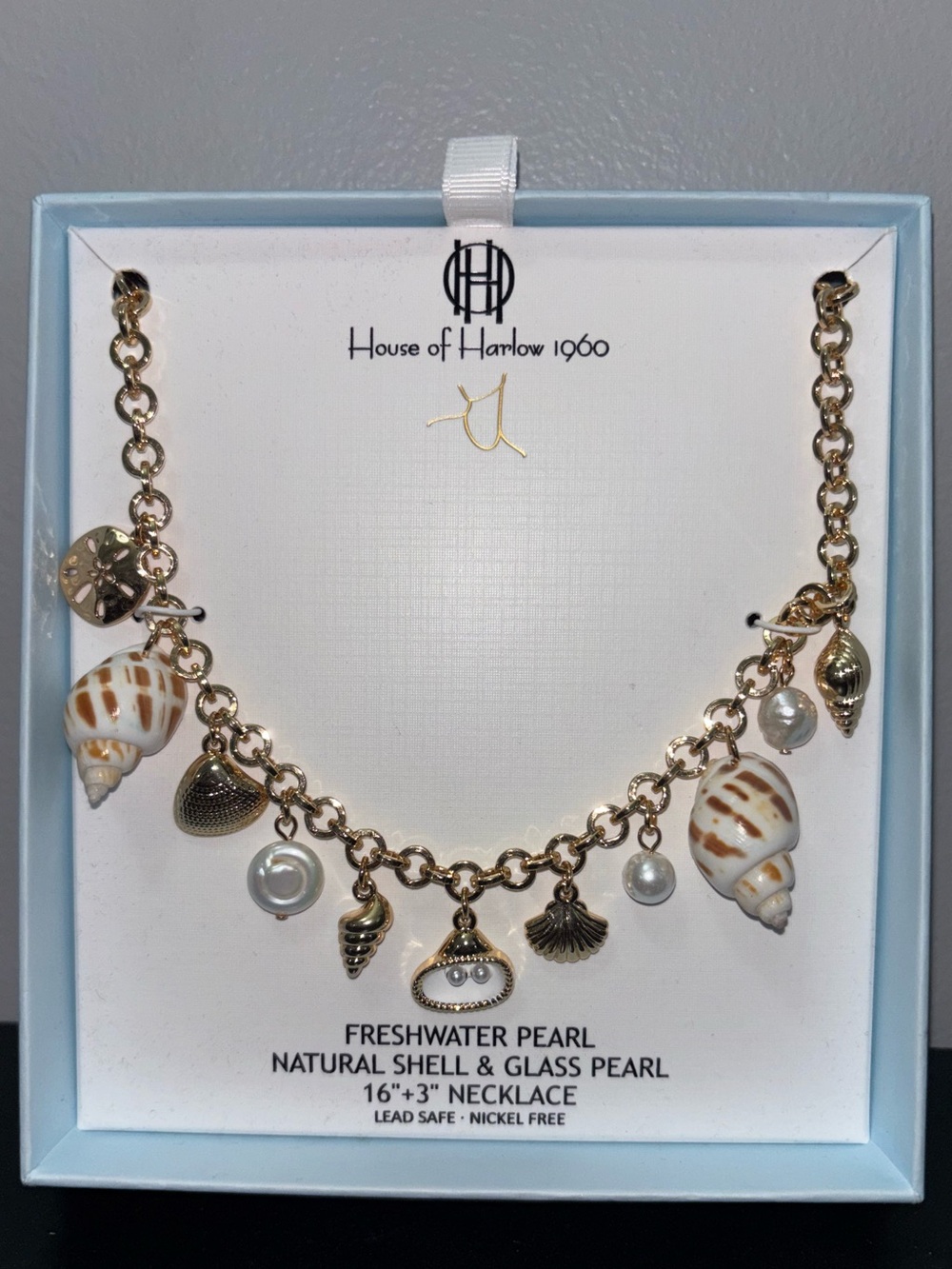 🐚NEW House of Harlow 1960 Gold Seashell & Pearl Charm Necklace